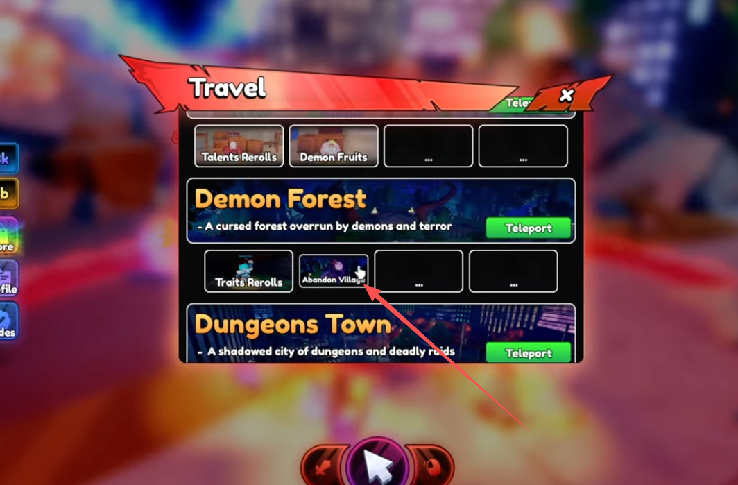 Anime Tactical Simulator Travel menu showing the Abandoned Village raid entrance on Demon Slayer Island