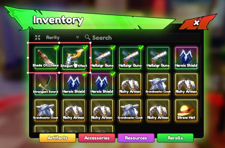 Inventory screen in Anime Tactical Simulator highlighting the Blade of Chaos sword and Shogun Artifact helmet