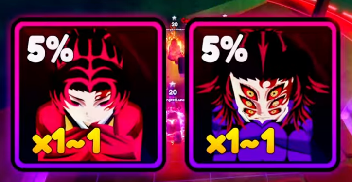 The two Demon Slayer raid boss drop units in Anime Tactical Simulator, each with a 5% drop rate