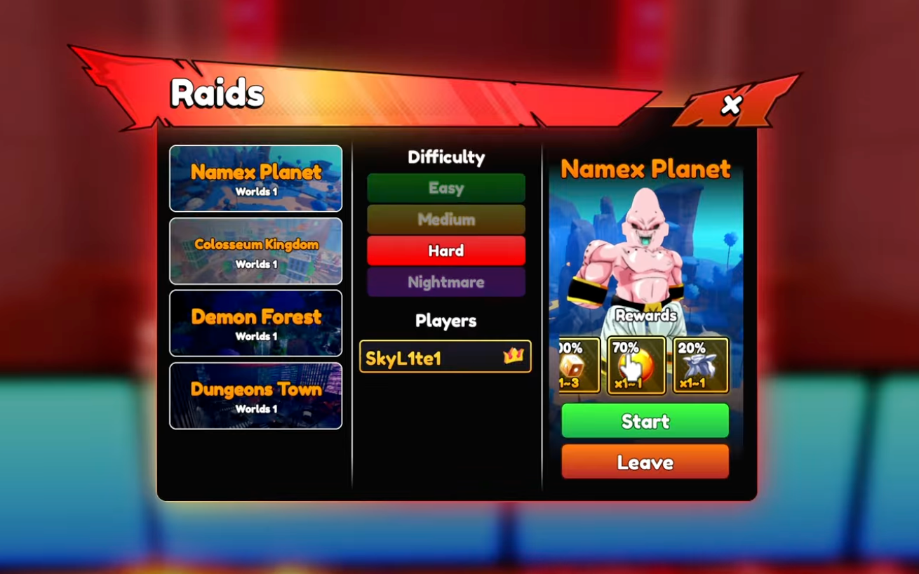 Anime Tactical Simulator Dragon Balls — Namex Planet raid menu showing Easy, Medium, Hard, and Nightmare difficulty options for farming the 1st Dragon Ball