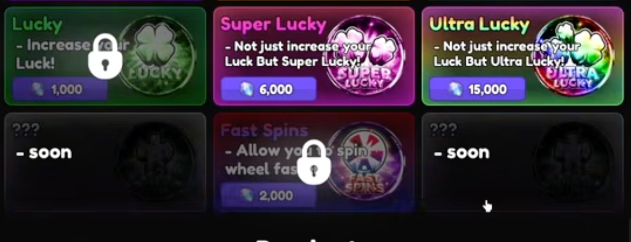 Anime Tactical Simulator gamepass menu showing Lucky, Super Lucky, Ultra Lucky, Fast Spins, and their gem costs