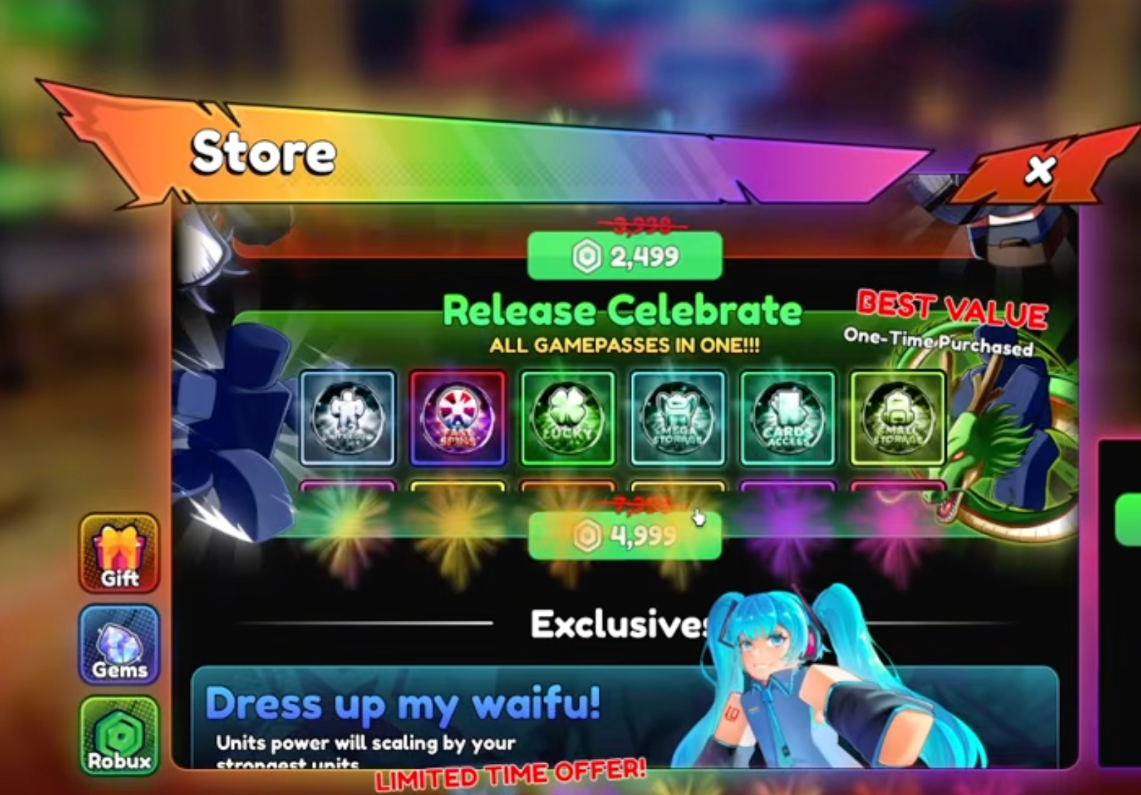 Anime Tactical Simulator Store showing Release Celebrate bundle with all gamepasses and Dress Up My Waifu pack