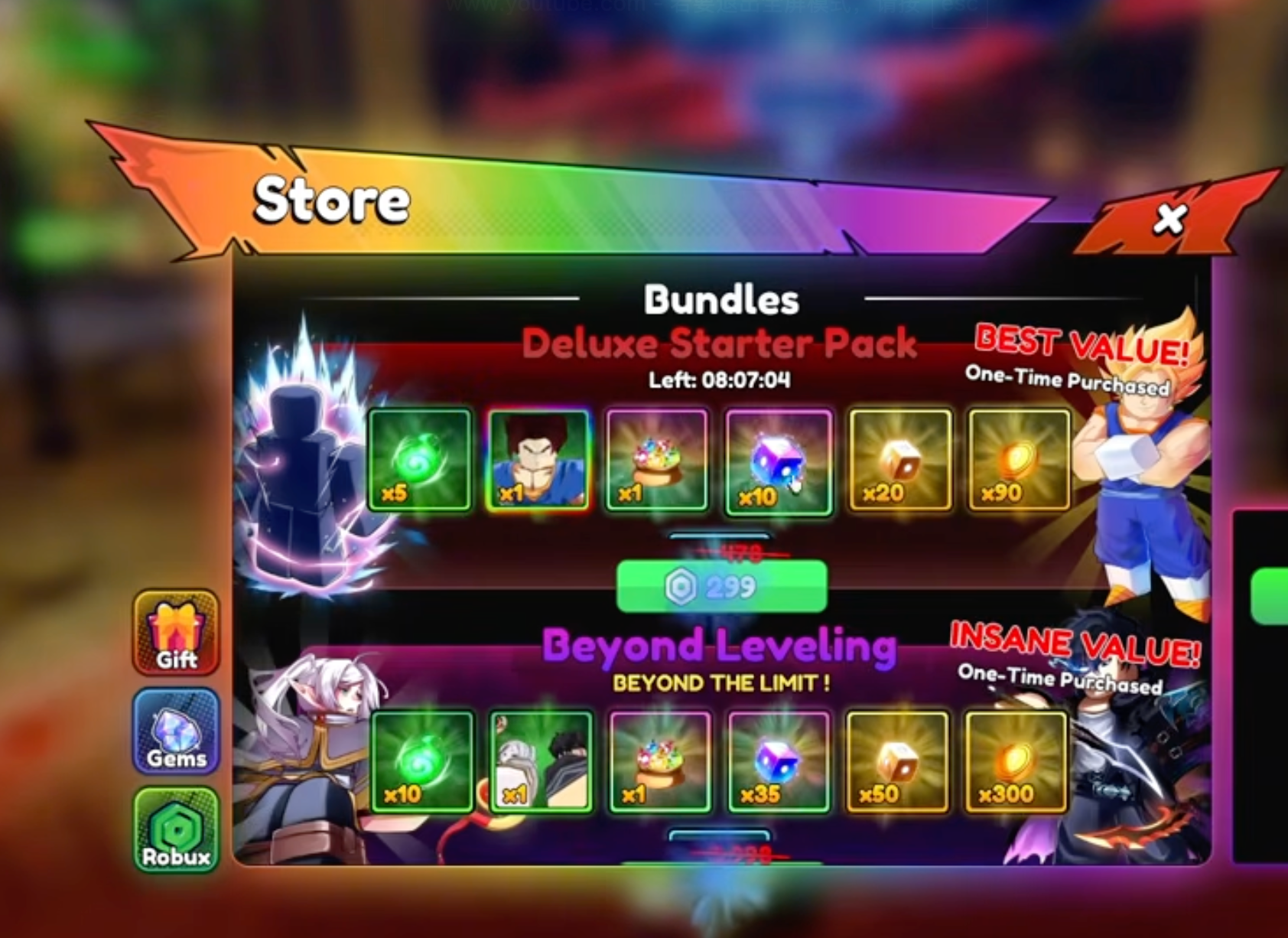 Anime Tactical Simulator Store showing Deluxe Starter Pack and Beyond Leveling bundles with Robux prices