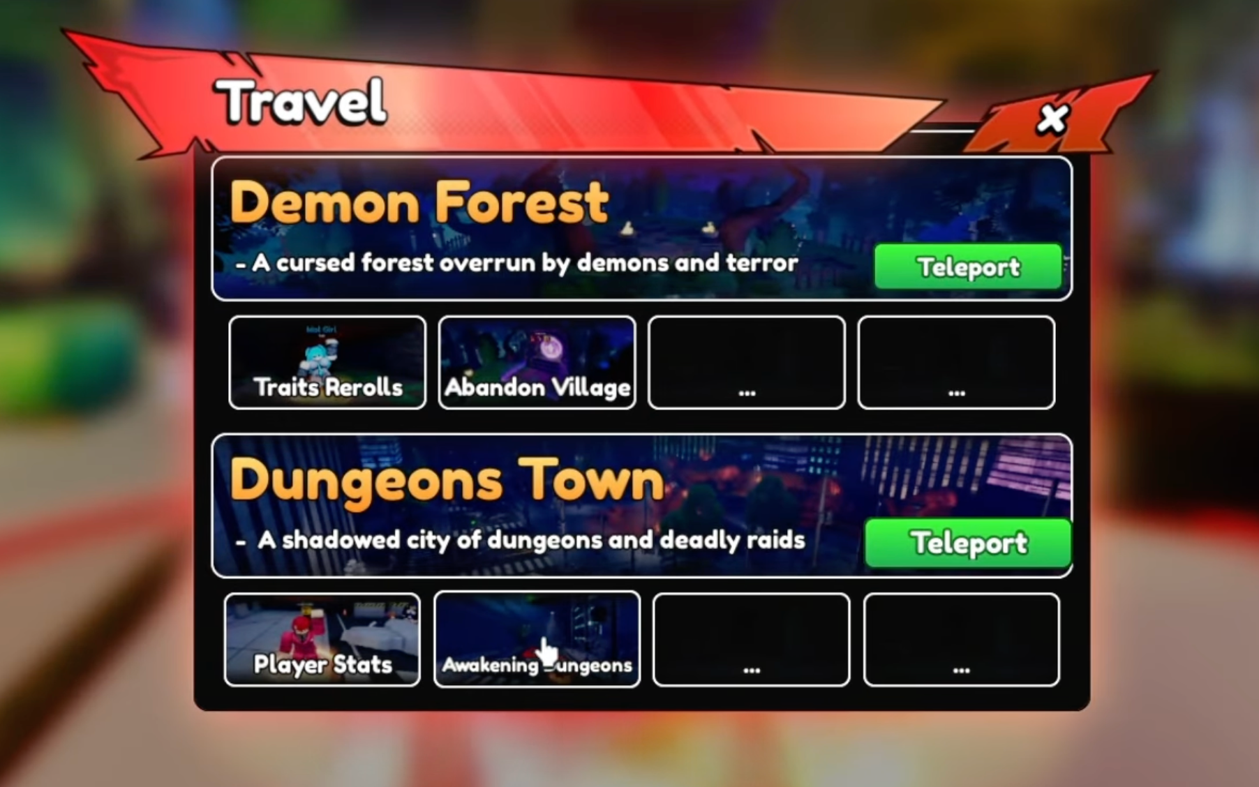 Anime Tactical Simulator Travel menu showing Dungeons Town with Awakening Dungeons entrance for farming Igris Crimson Knight