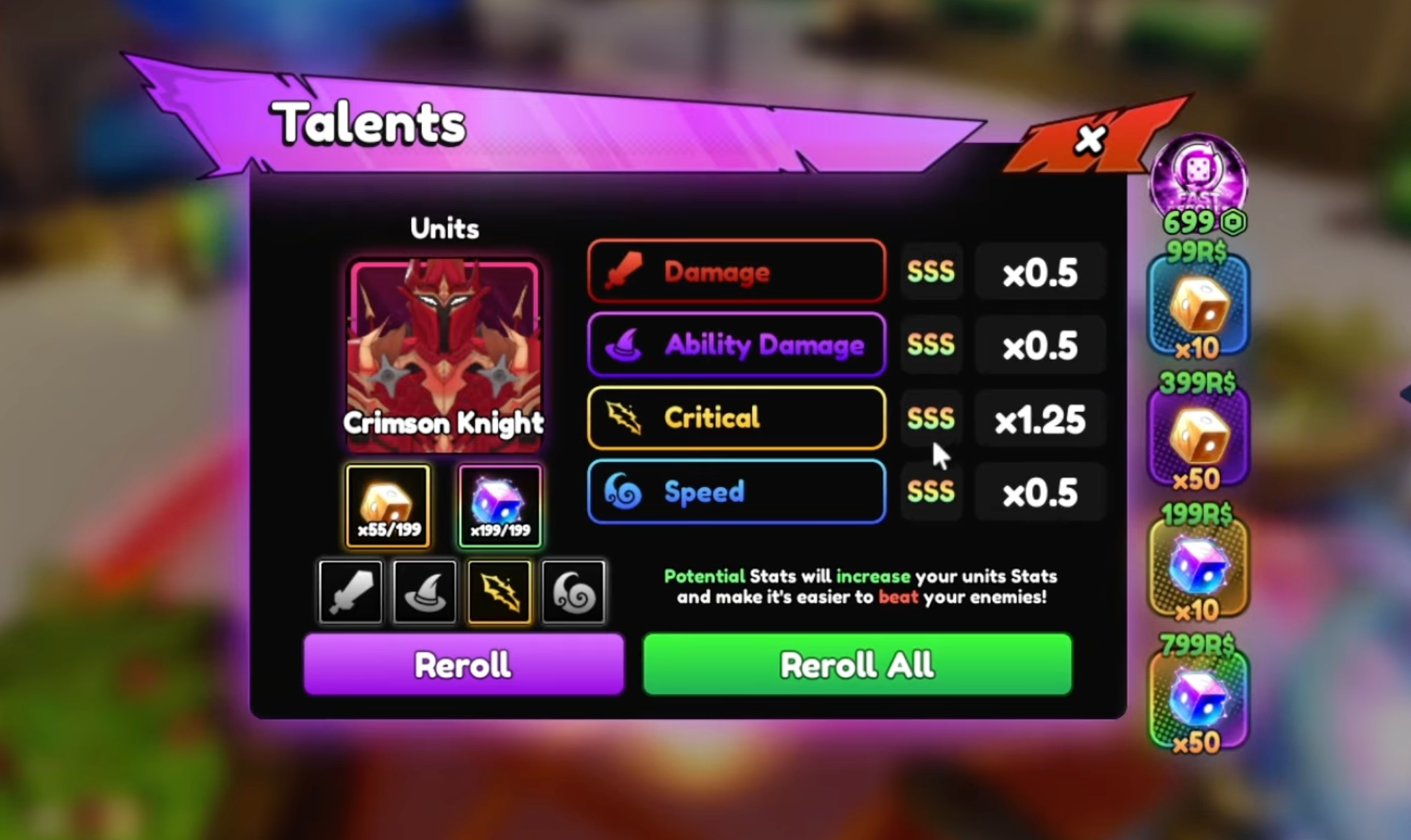 Anime Tactical Simulator Igris Crimson Knight Talents screen showing all four stats at SSS rank — Damage SSS x0.5, Ability Damage SSS x0.5, Critical SSS x1.25, Speed SSS x0.5