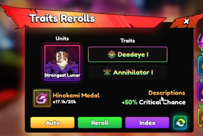 Traits Rerolls screen showing the meta build: Deadeye I and Annihilator I on Strongest Lunar