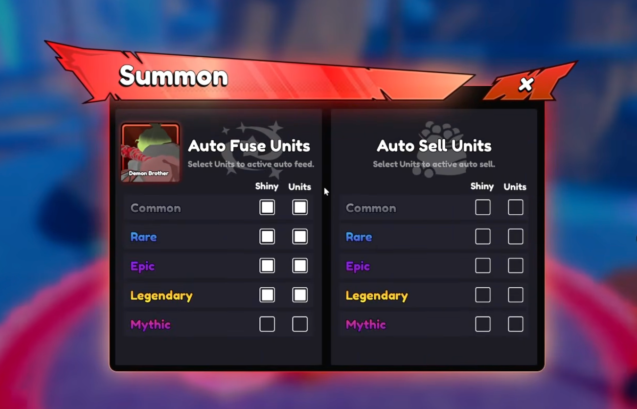 Anime Tactical Simulator progression — Fuse and Sell menu showing unit management options for Common, Rare, Epic, Legendary, and Mythical units