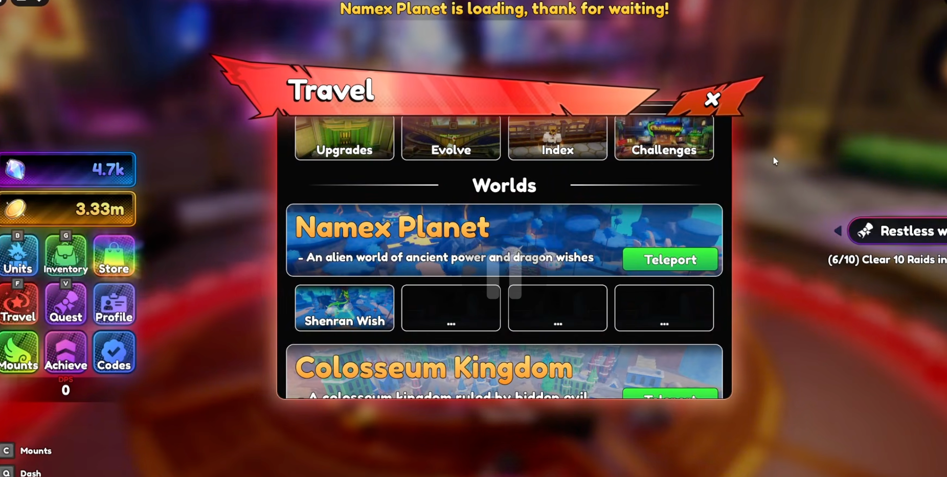 Anime Tactical Simulator progression — Travel menu showing Teleport to Namex Planet, the starting world for beginners
