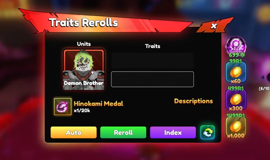 Anime Tactical Simulator reroll — Traits Rerolls screen showing Hinokami Medal for Demon Slayer map units