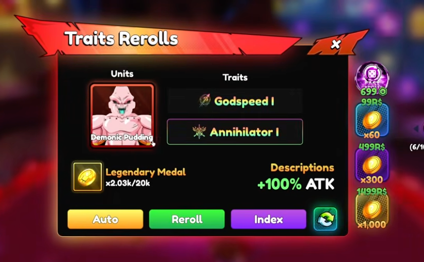 Anime Tactical Simulator reroll — Traits Rerolls screen showing Legendary Medal used for Dragon Ball map units like Demonic Pudding with Godspeed I and Annihilator I traits