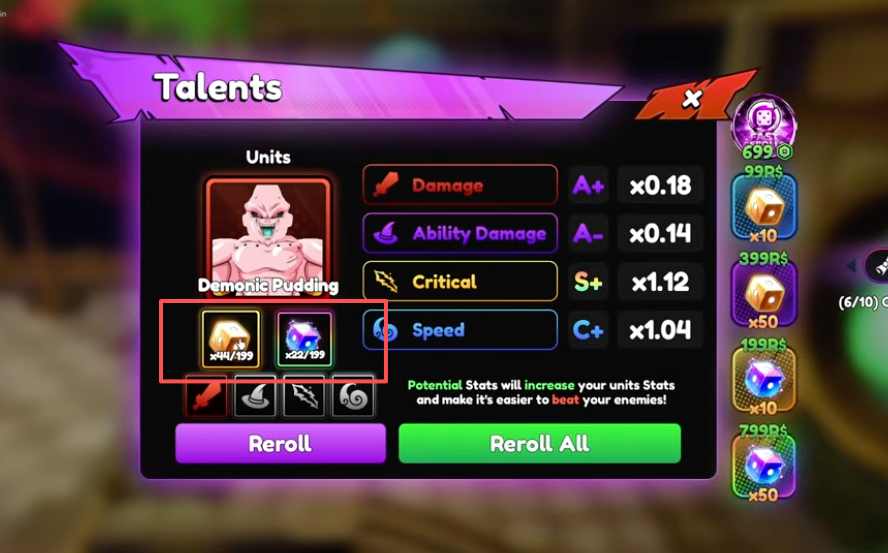 Anime Tactical Simulator reroll — Talents screen showing Stat Cubes (golden dice and purple cubes) used to reroll Damage, Ability Damage, Critical, and Speed stats