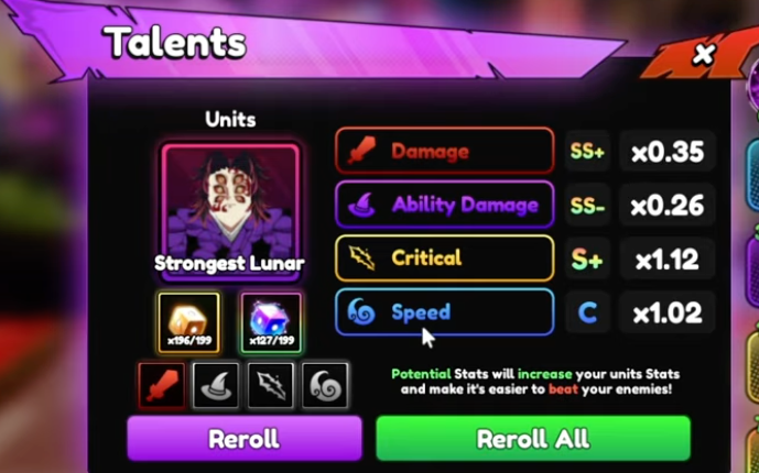 Unit Talents screen in Anime Tactical Simulator showing Strongest Lunar with SS+ Damage, SS- Ability Damage, S+ Critical, and C Speed